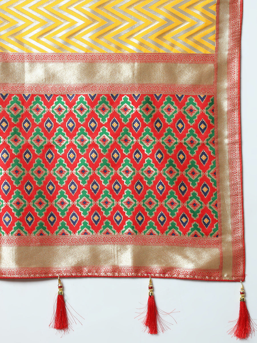 Mustard Banarasi Handloom Silk Saree with Contrast Red ikat Border