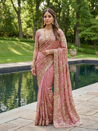 Pink Sequin Embroidered Saree with Heavy Border and Stitched Blouse