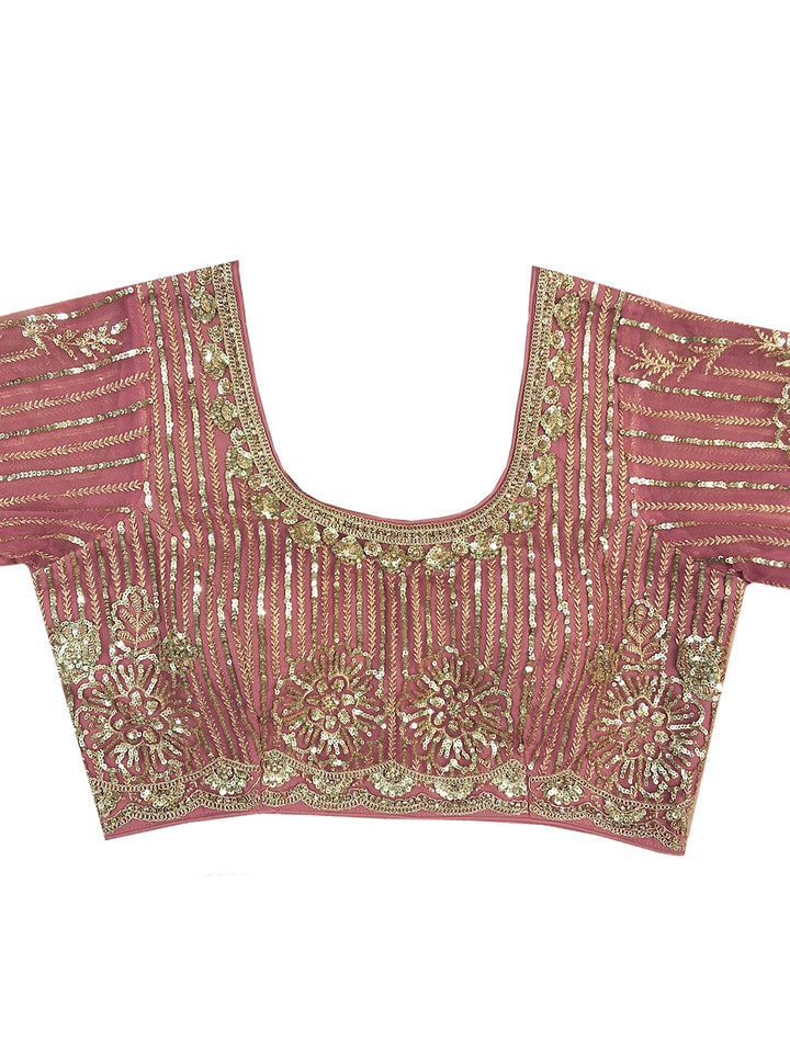 Pink Sequin Embroidered Saree with Heavy Border and Stitched Blouse