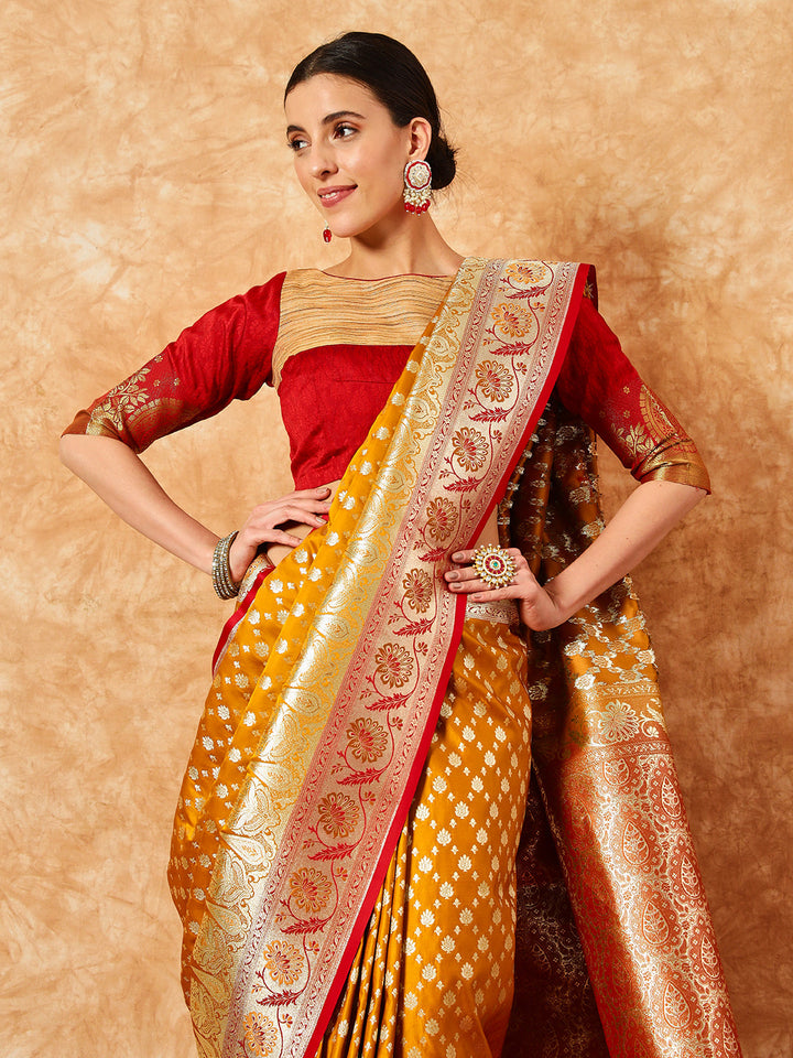 Ethnic Motifs Banarasi Silk Traditional Saree with Contrast Border