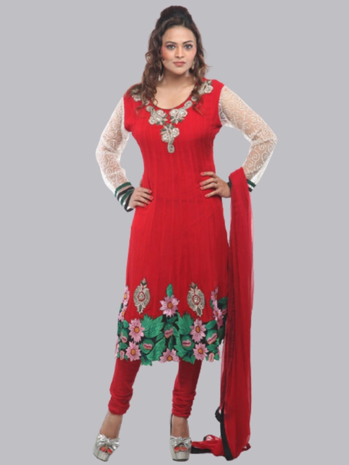 Red Net Patchwork Churidar  Suit With Net Dupatta