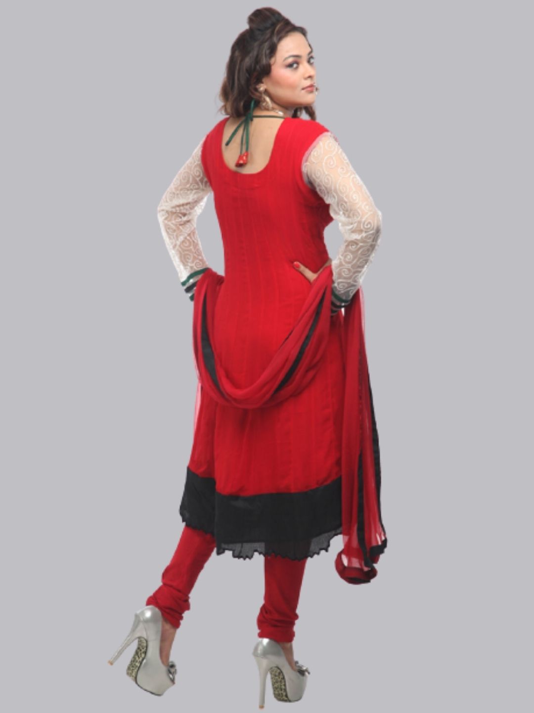 Red Net Patchwork Churidar  Suit With Net Dupatta