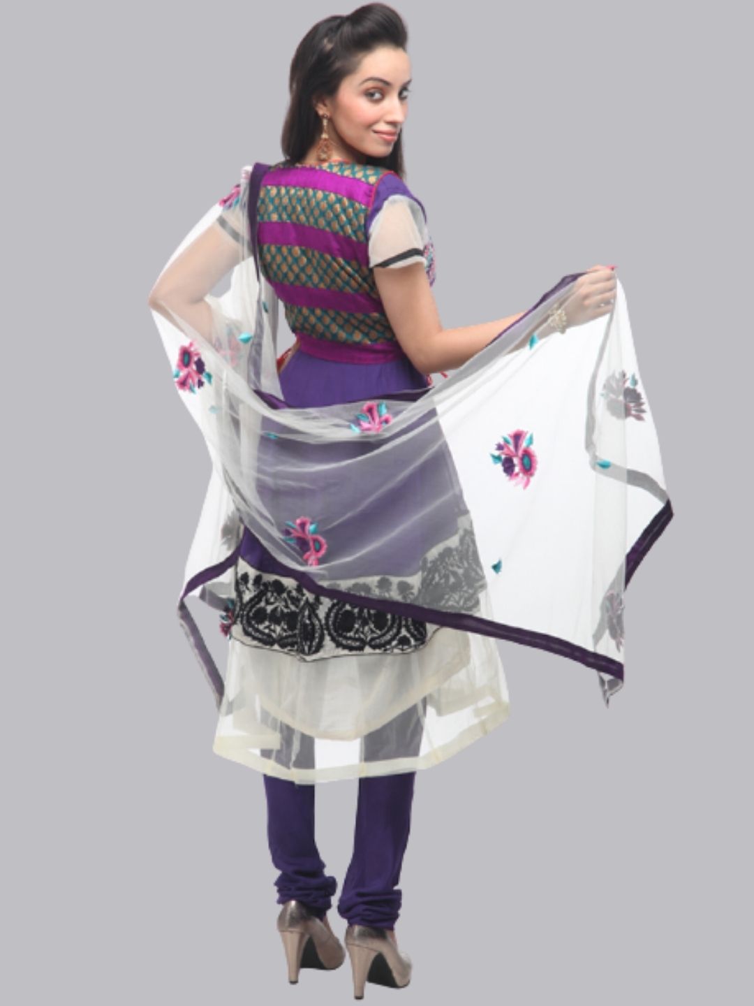 Purple & White Frock Style Embellished Georgette Suit Set With Net Dupatta