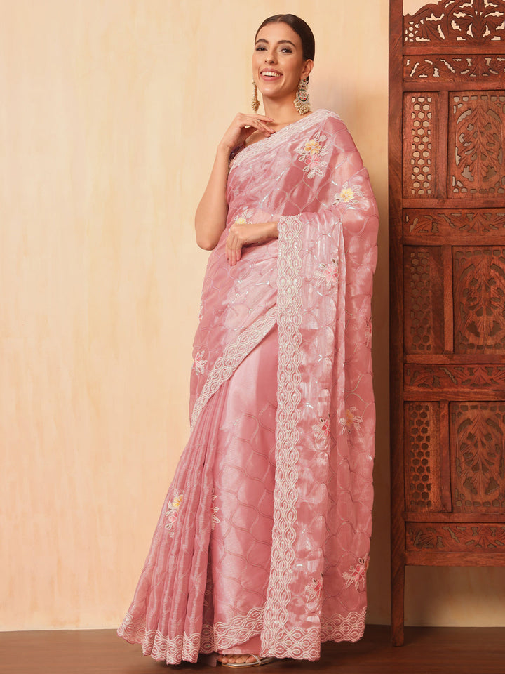 Floral Sequence Embellished Saree with Cutwork Border