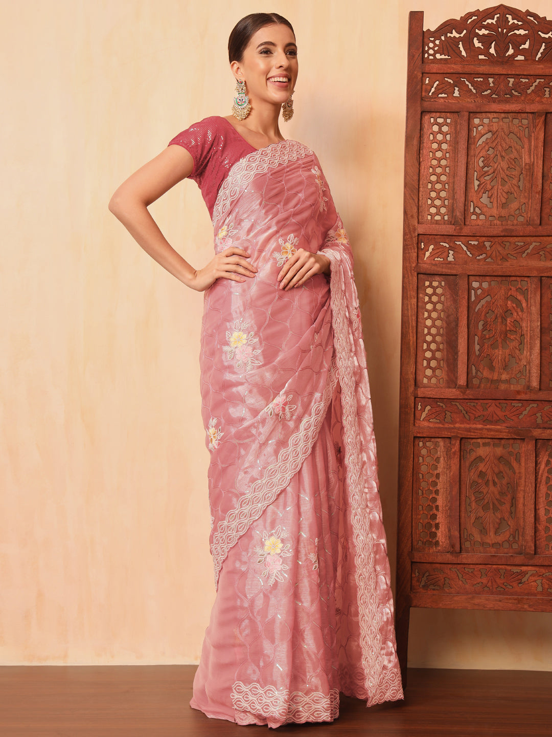 Floral Sequence Embellished Saree with Cutwork Border