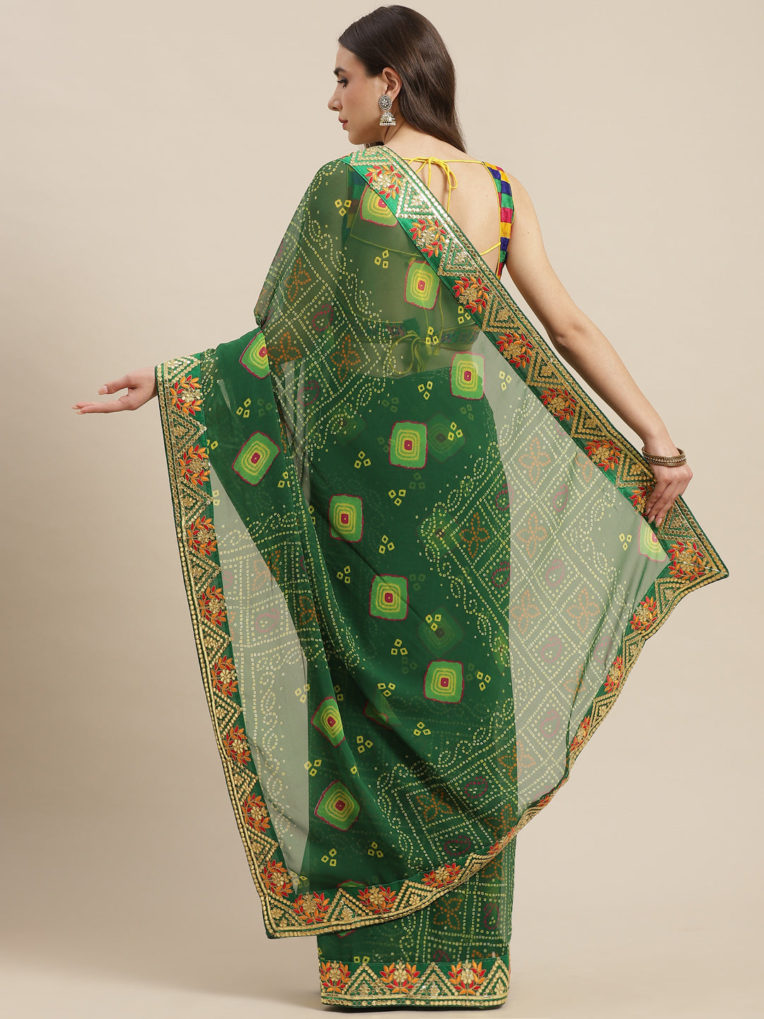 Green Jaipur Bandhani Prints Geogette Saree With Embroidery Border