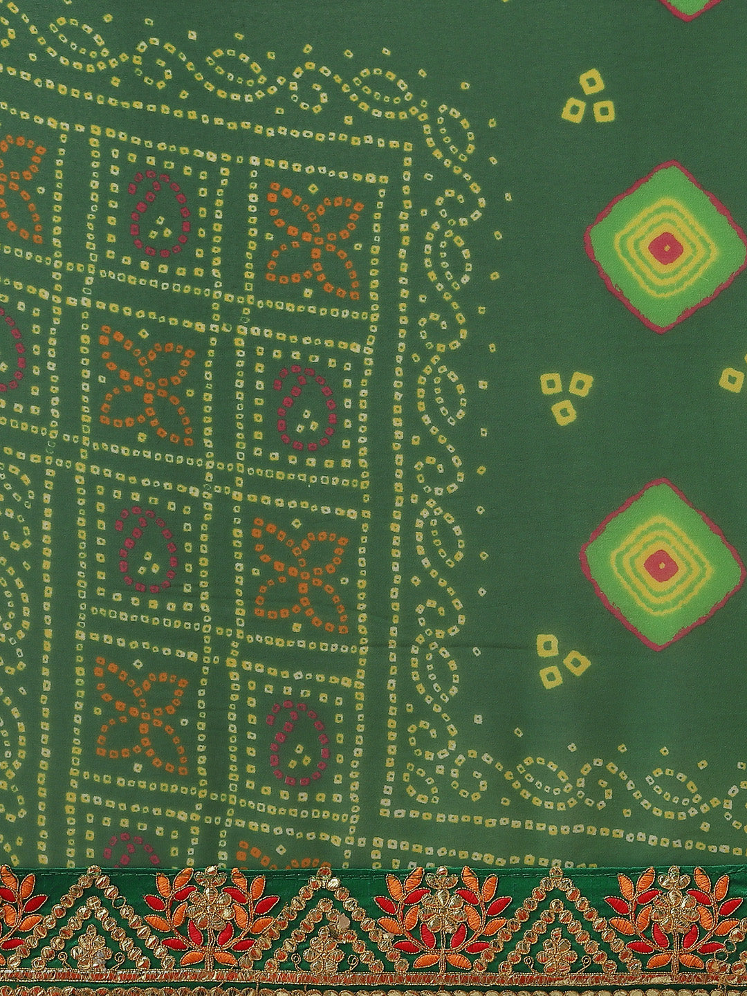 Green Jaipur Bandhani Prints Geogette Saree With Embroidery Border