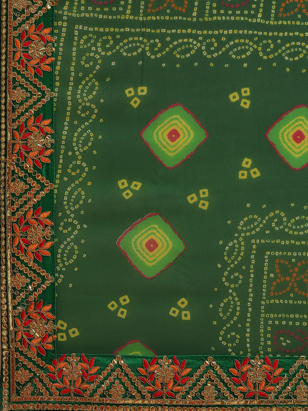 Green Jaipur Bandhani Prints Geogette Saree With Embroidery Border