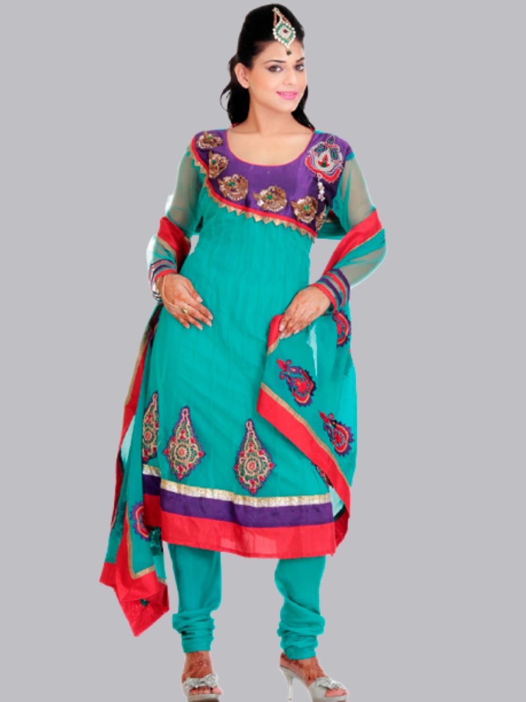 Turquoise Net Patchwork Churidar  Suit With Net Dupatta