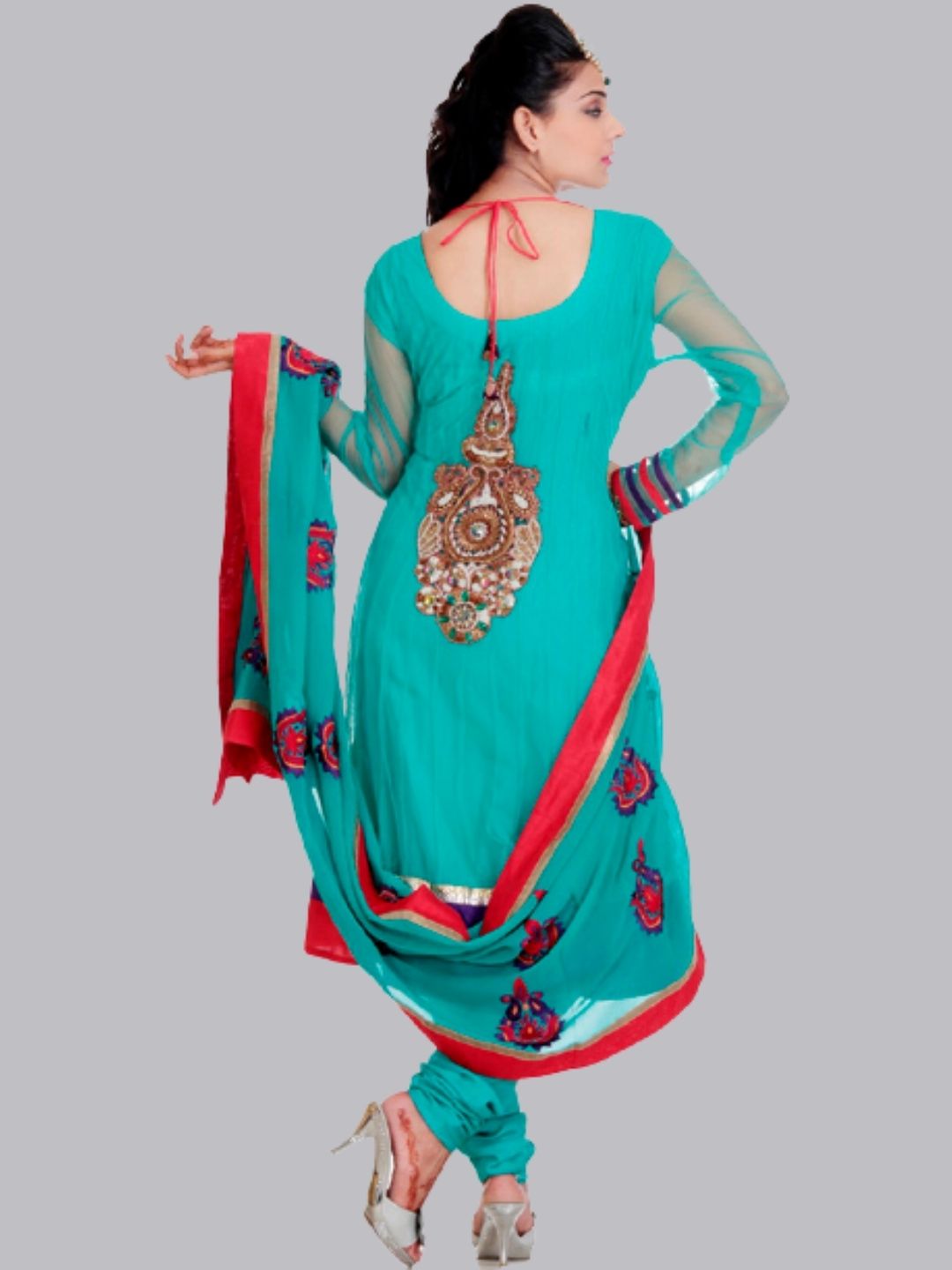 Turquoise Net Patchwork Churidar  Suit With Net Dupatta