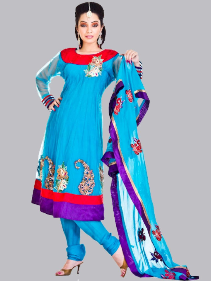Blue Net Hand Embroidered Churidar Suit With Net Dupatta