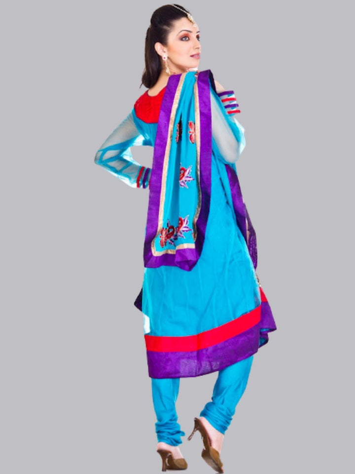 Blue Net Hand Embroidered Churidar Suit With Net Dupatta