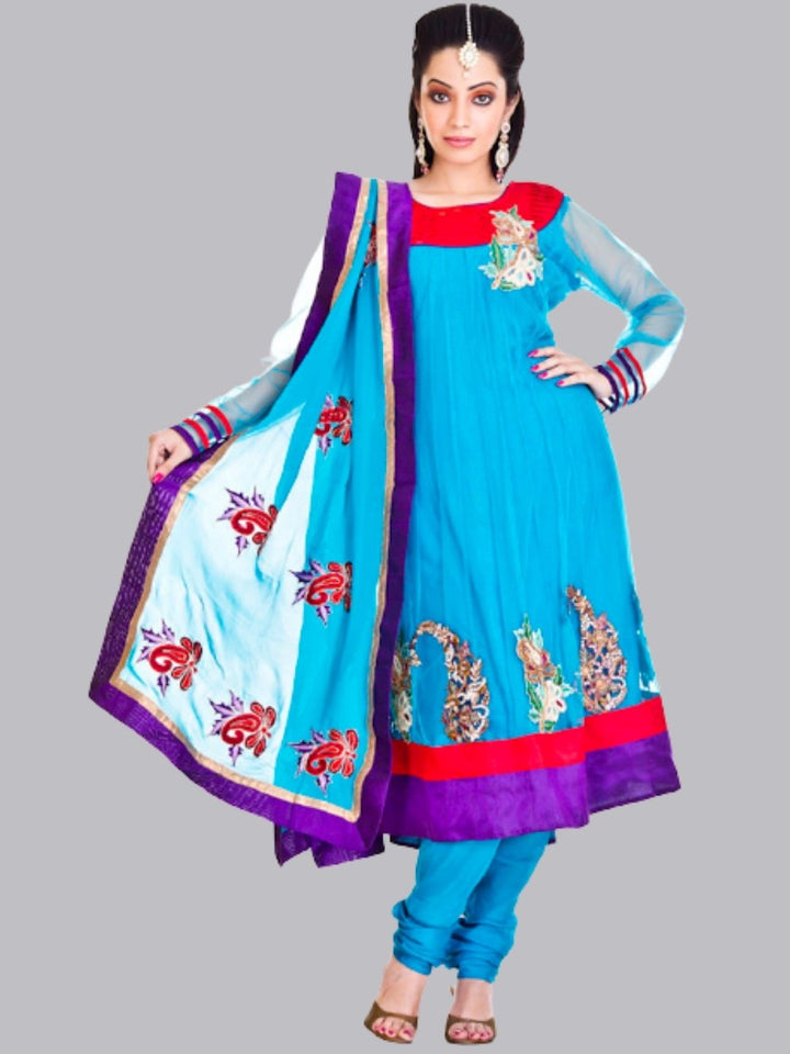 Blue Net Hand Embroidered Churidar Suit With Net Dupatta