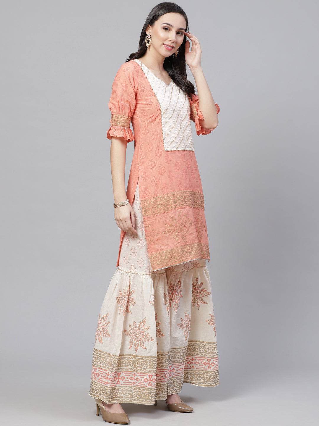 Pure Cotton Cambric Block Printing Dress Material with GottaPatti Embroidery & Sharara