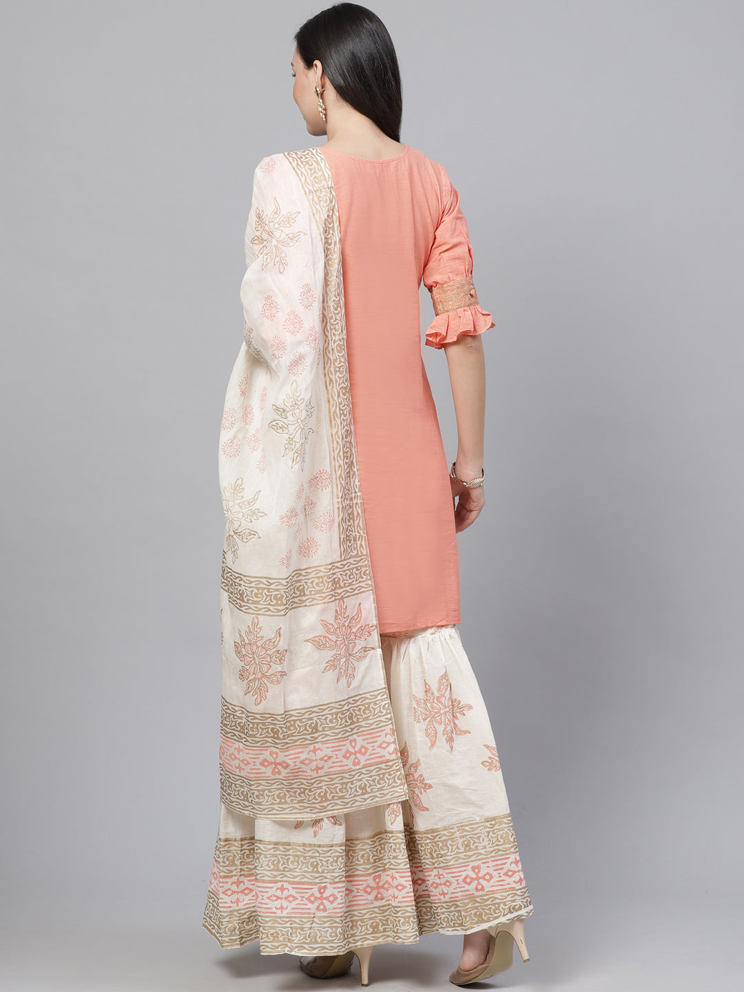 Pure Cotton Cambric Block Printing Stitched Suit with Gotta-Patti Embroidery & Sharara