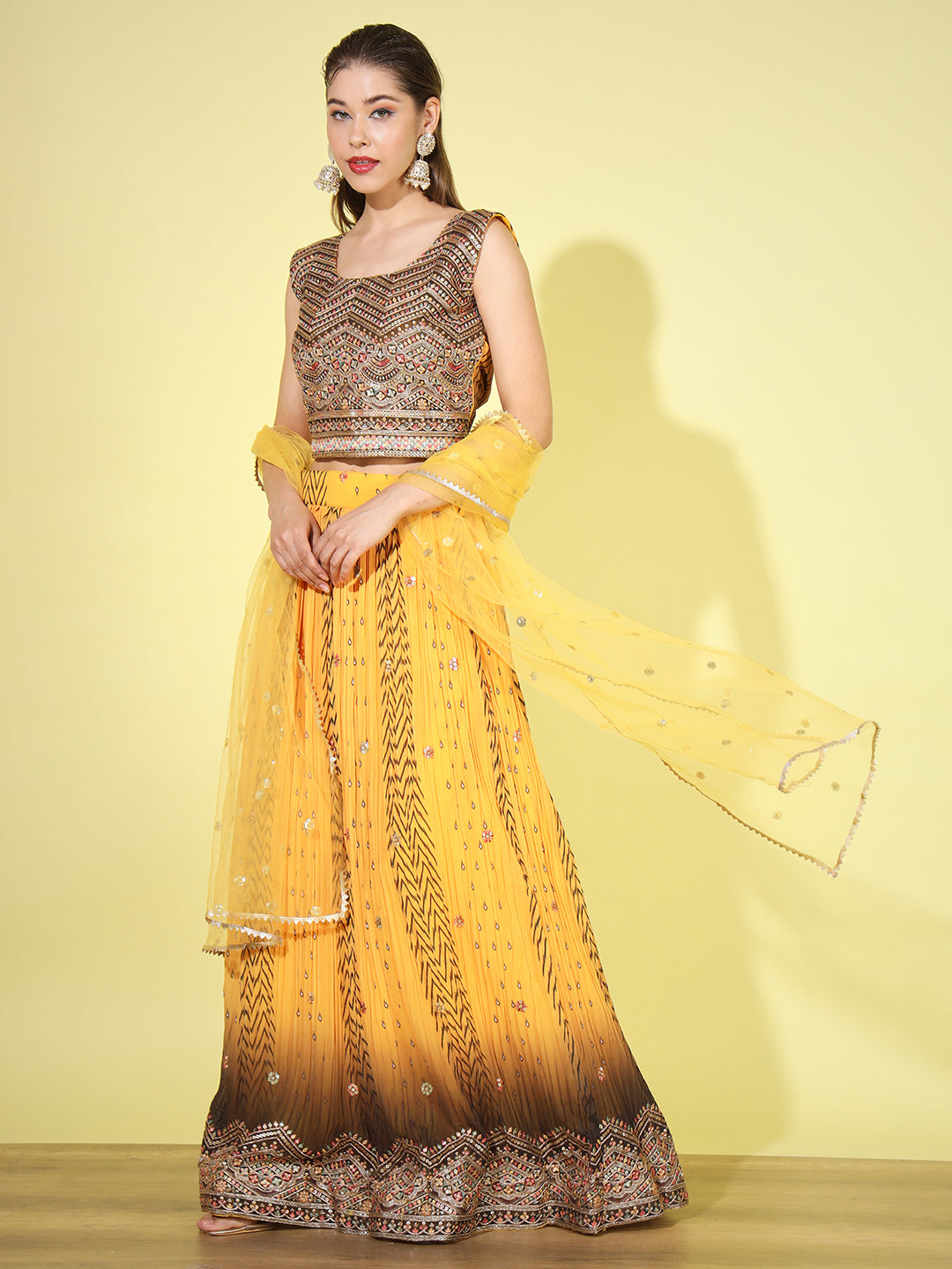 Ombre Resham & Sequins Work Georgette Pleats Lehenga Choli Dupatta Set