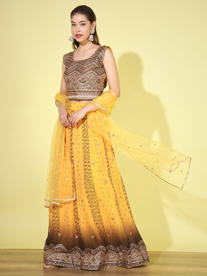 Ombre Resham & Sequins Work Georgette Pleats Lehenga Choli Dupatta Set