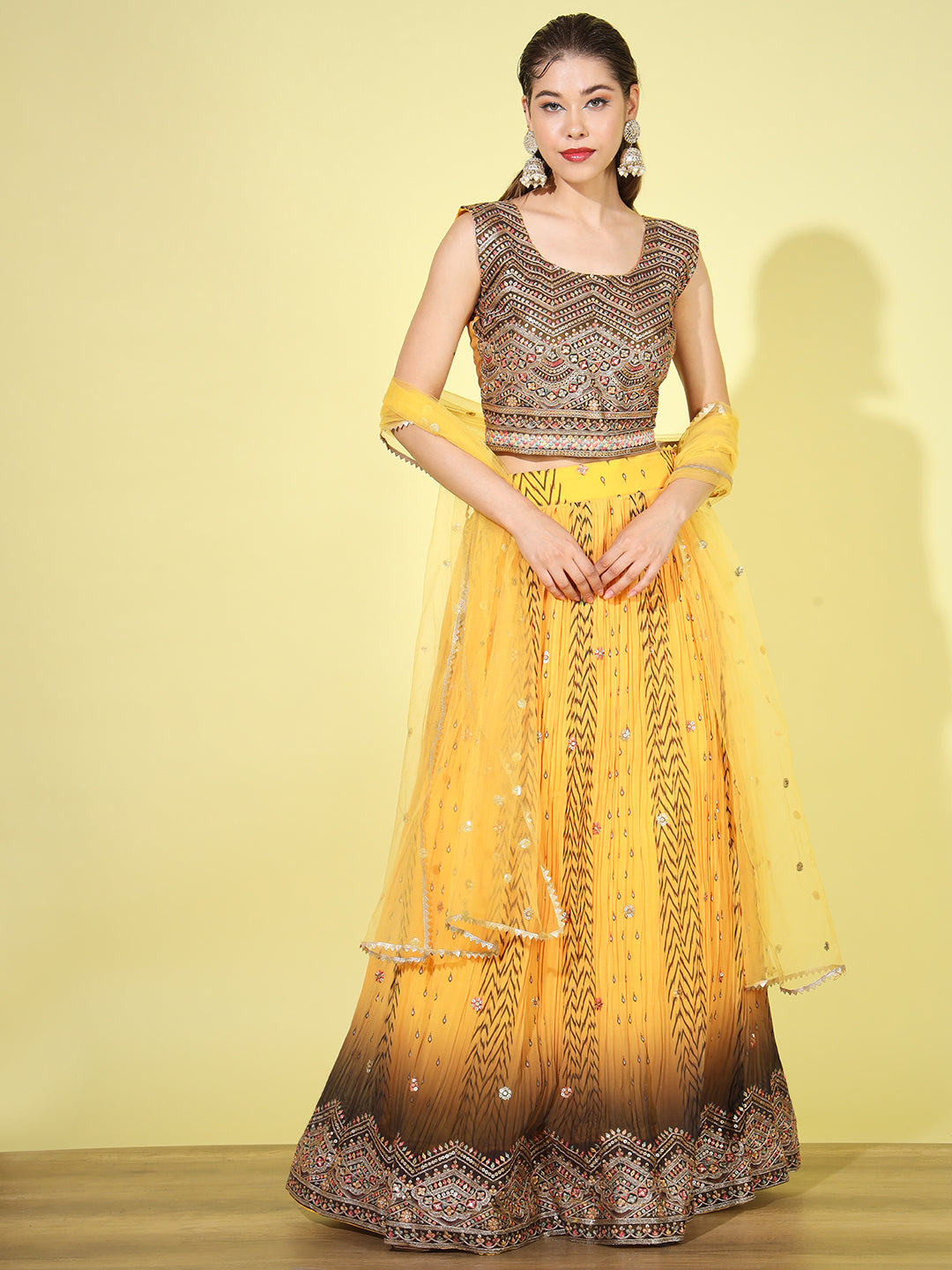 Ombre Resham & Sequins Work Georgette Pleats Lehenga Choli Dupatta Set