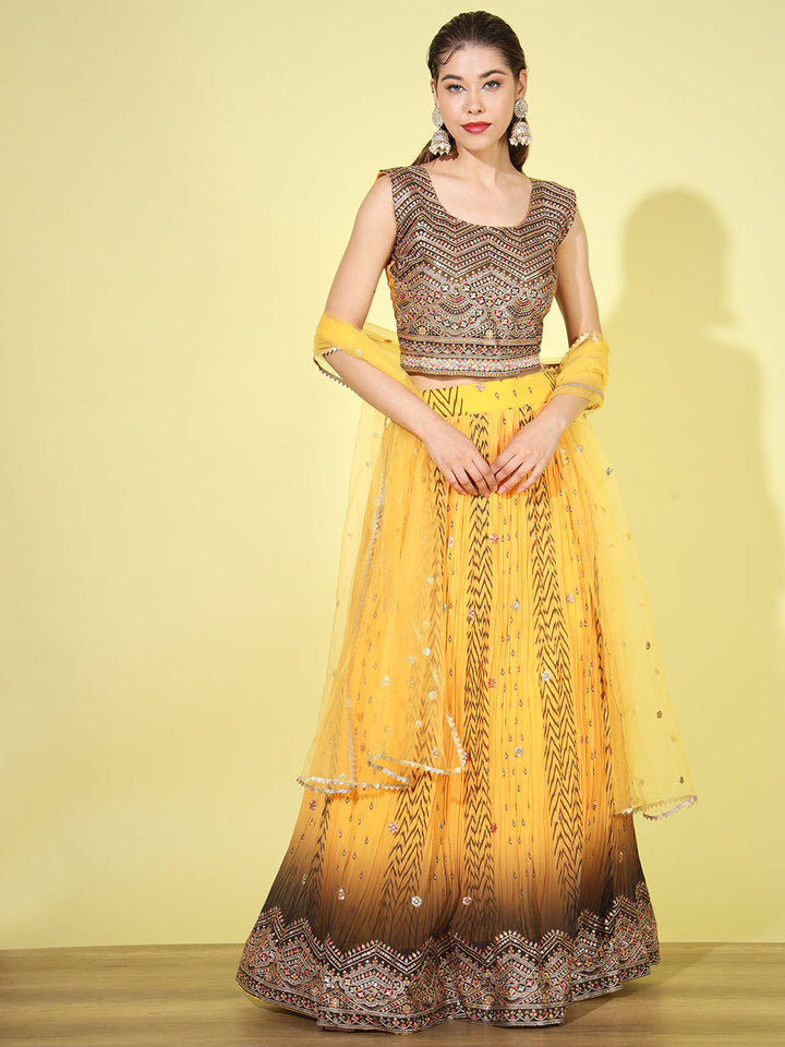 Ombre Resham & Sequins Work Georgette Pleats Lehenga Choli Dupatta Set