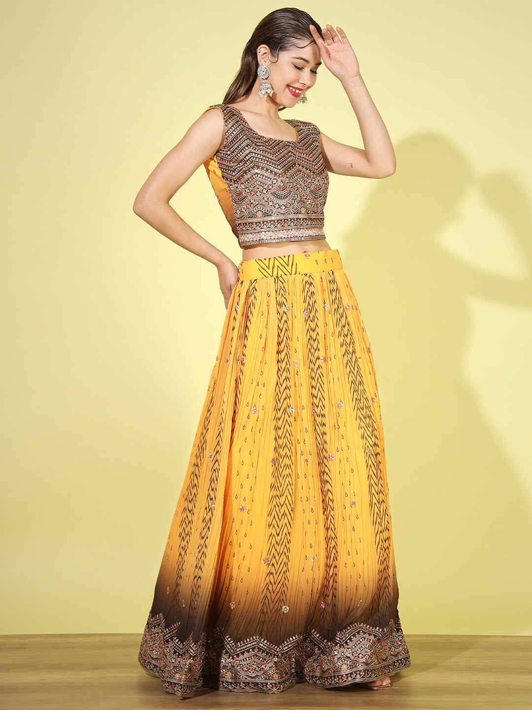 Ombre Resham & Sequins Work Georgette Pleats Lehenga Choli Dupatta Set