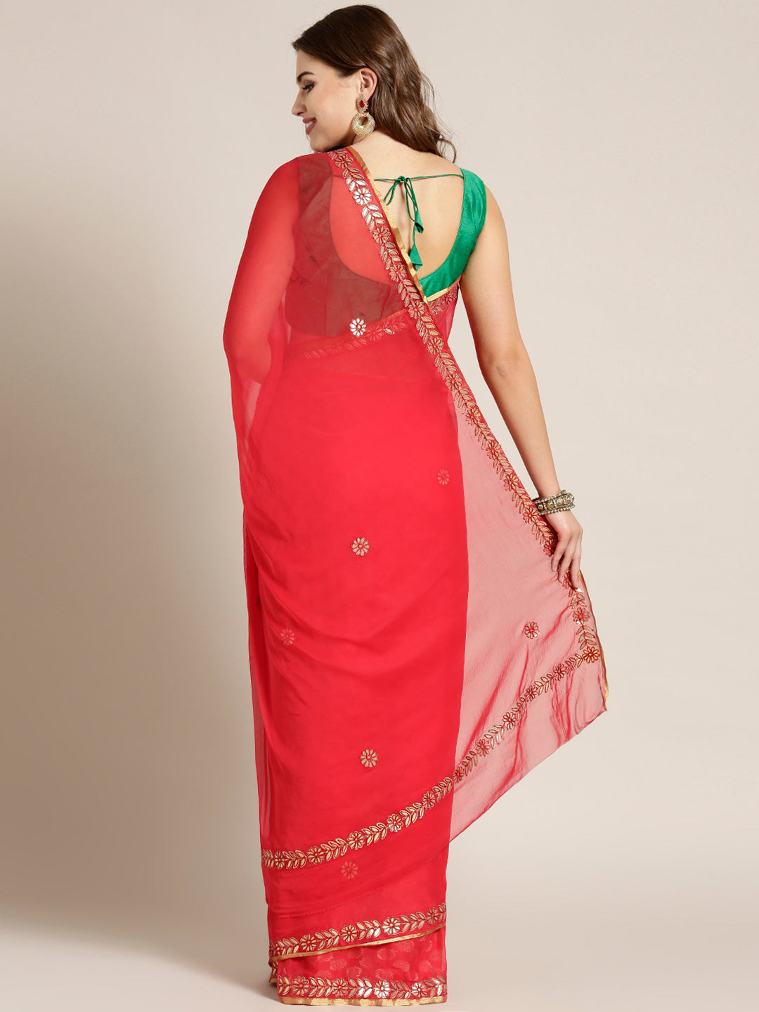 Chiffon Leheriya Hand-Dyed Saree with Gota Patti Embroidery