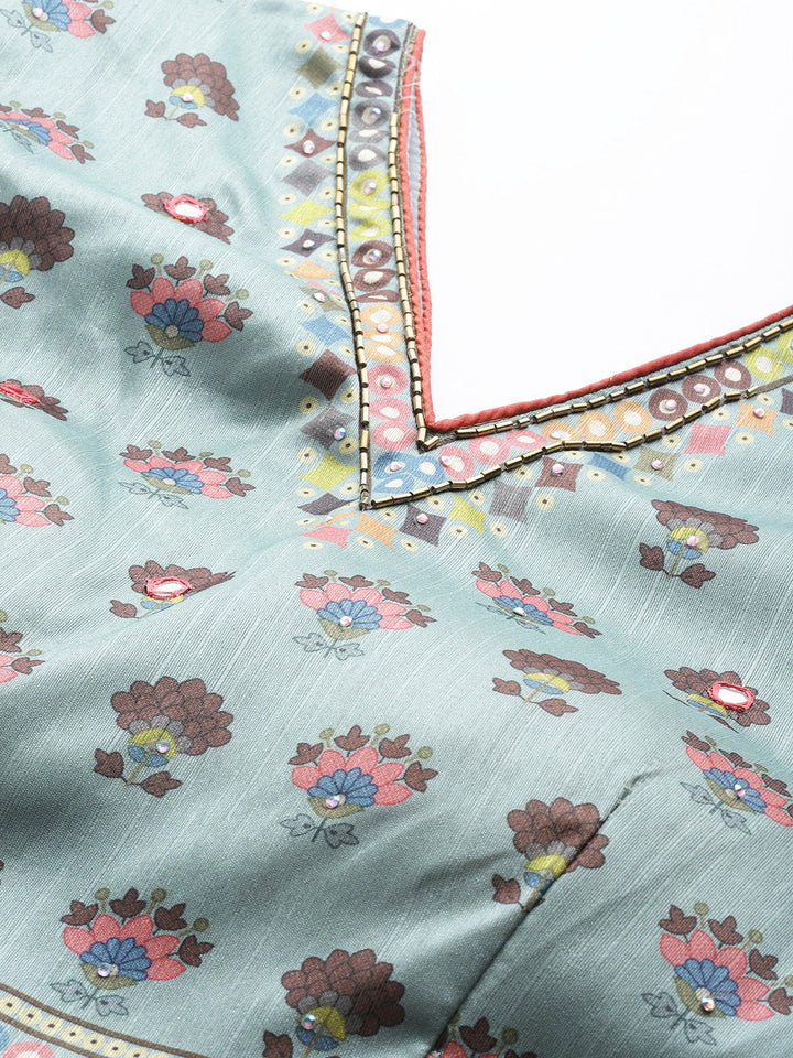 Iceblue Geometric Print Silk Crop Top Skirt Dupatta Set