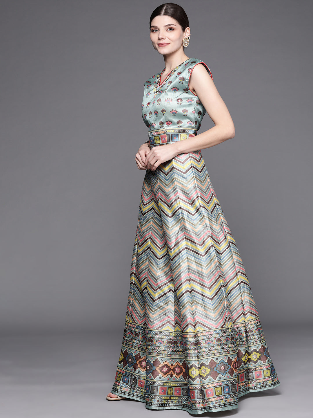 Iceblue Geometric Print Silk Crop Top Skirt Dupatta Set