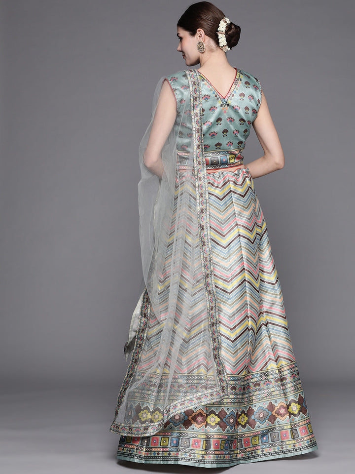 Iceblue Geometric Print Silk Crop Top Skirt Dupatta Set