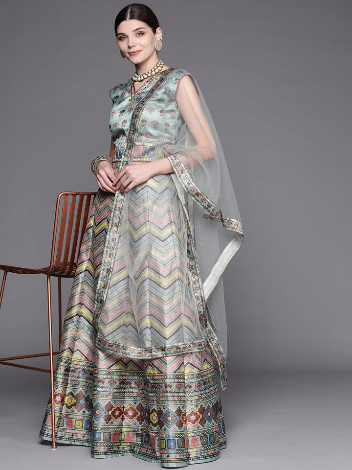 Iceblue Geometric Print Silk Crop Top Skirt Dupatta Set