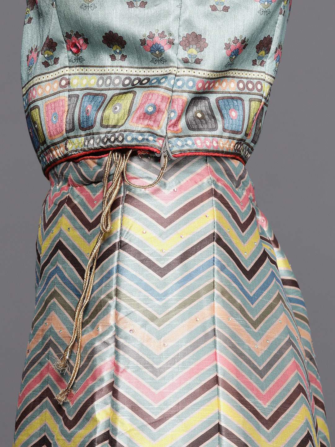 Iceblue Geometric Print Silk Crop Top Skirt Dupatta Set