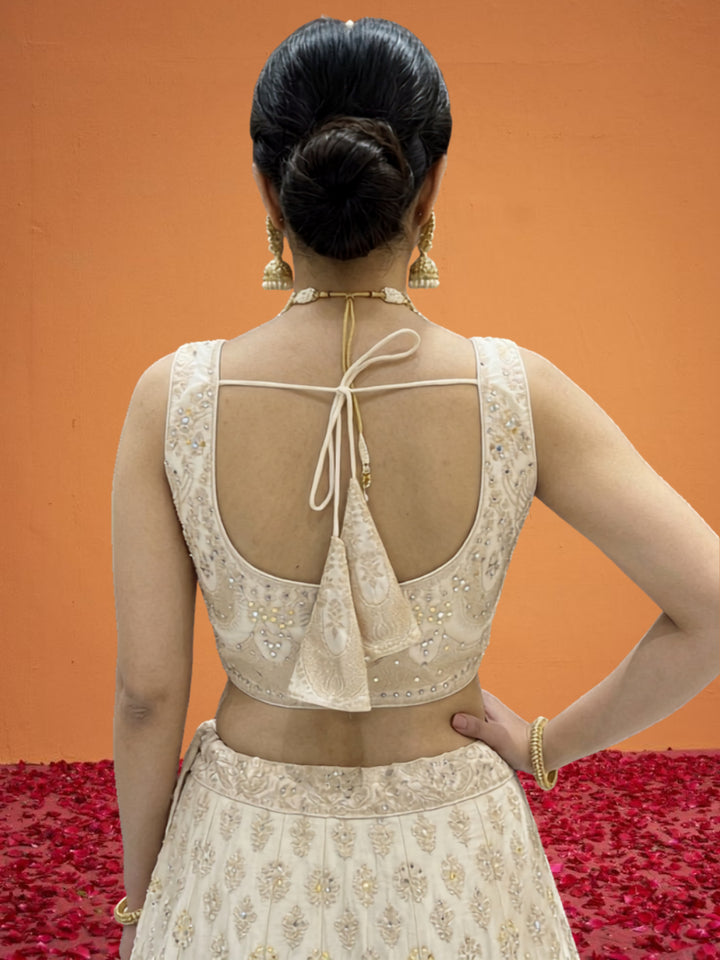 Ivory Tissue Lehenga Choli with Golden Zari Mughal Buti Print & Mirror Embellishments with Floral Buti Dupatta