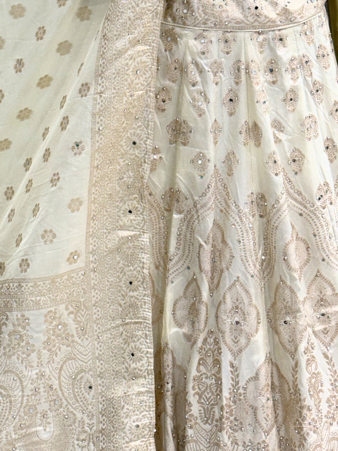 Ivory Tissue Lehenga Choli with Golden Zari Mughal Buti Print & Mirror Embellishments with Floral Buti Dupatta