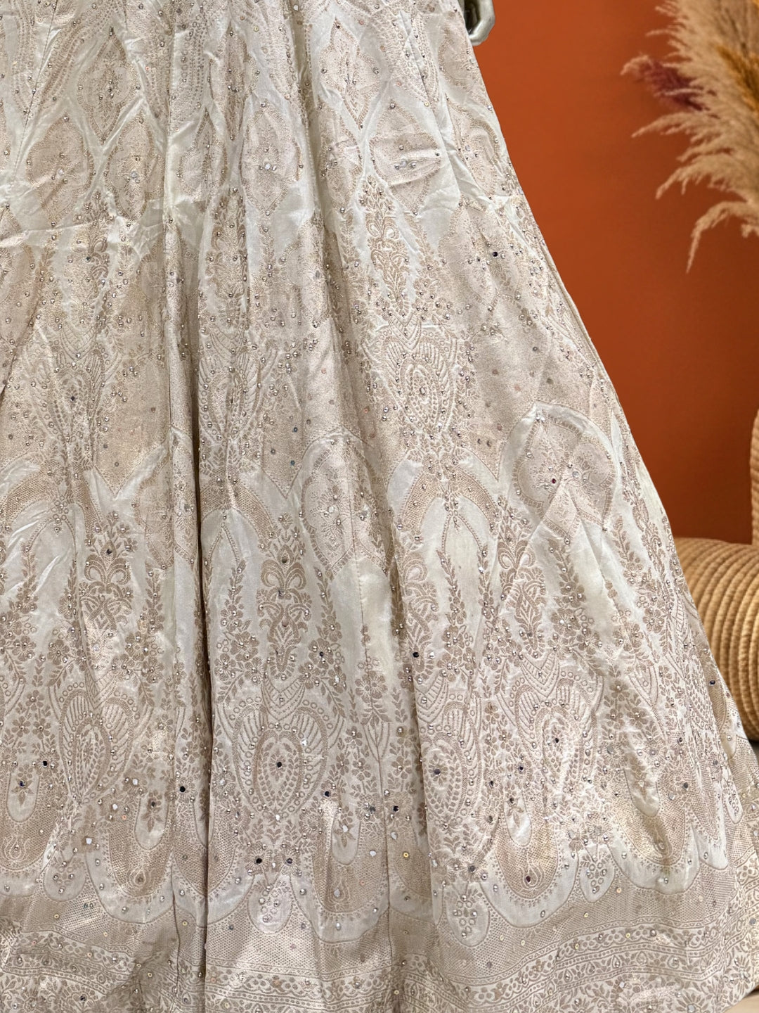Ivory Tissue Lehenga Choli with Golden Zari Mughal Buti Print & Mirror Embellishments with Floral Buti Dupatta