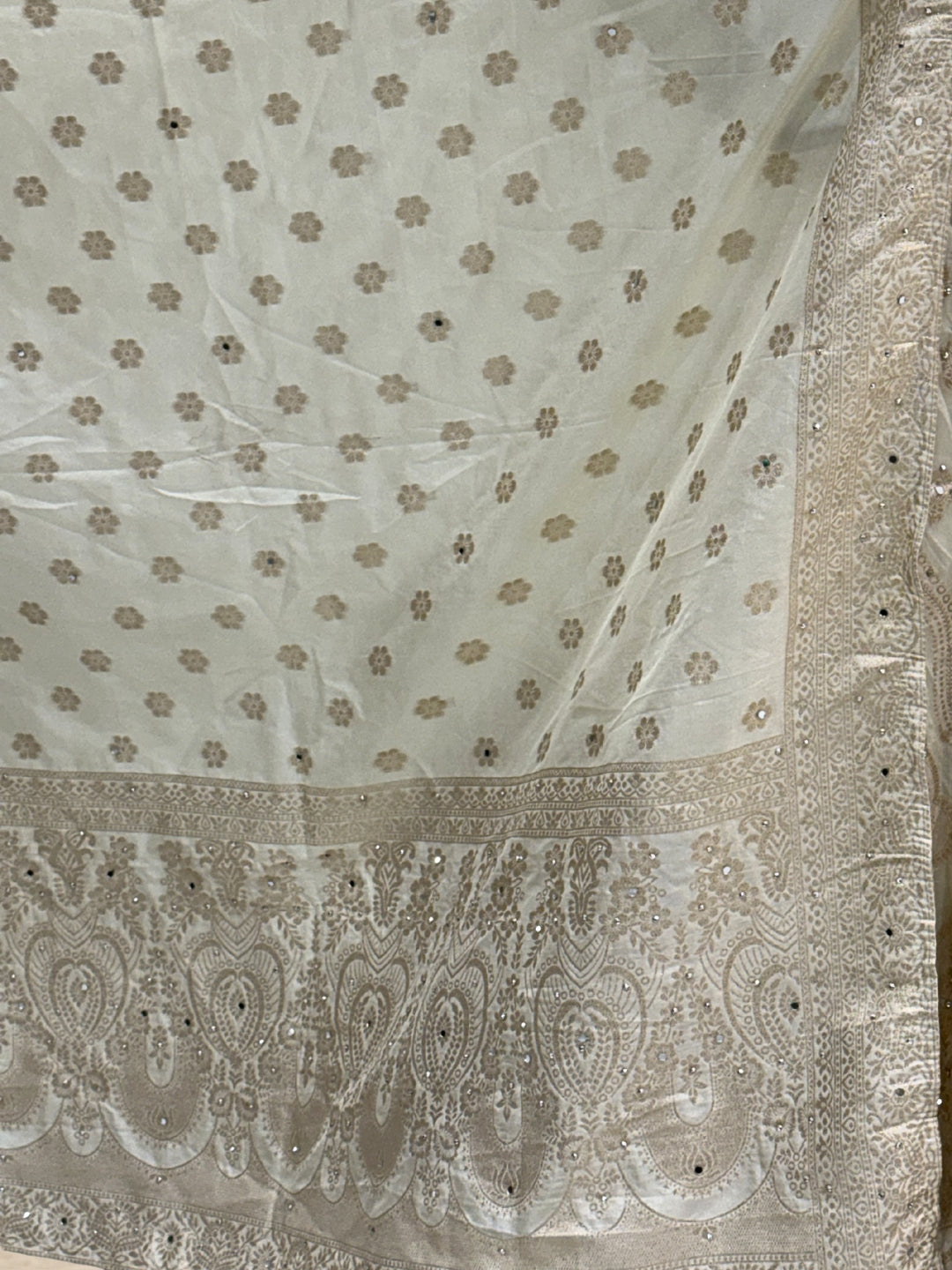 Ivory Tissue Lehenga Choli with Golden Zari Mughal Buti Print & Mirror Embellishments with Floral Buti Dupatta