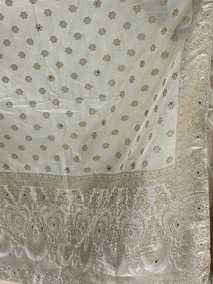 Ivory Tissue Lehenga Choli with Golden Zari Mughal Buti Print & Mirror Embellishments with Floral Buti Dupatta
