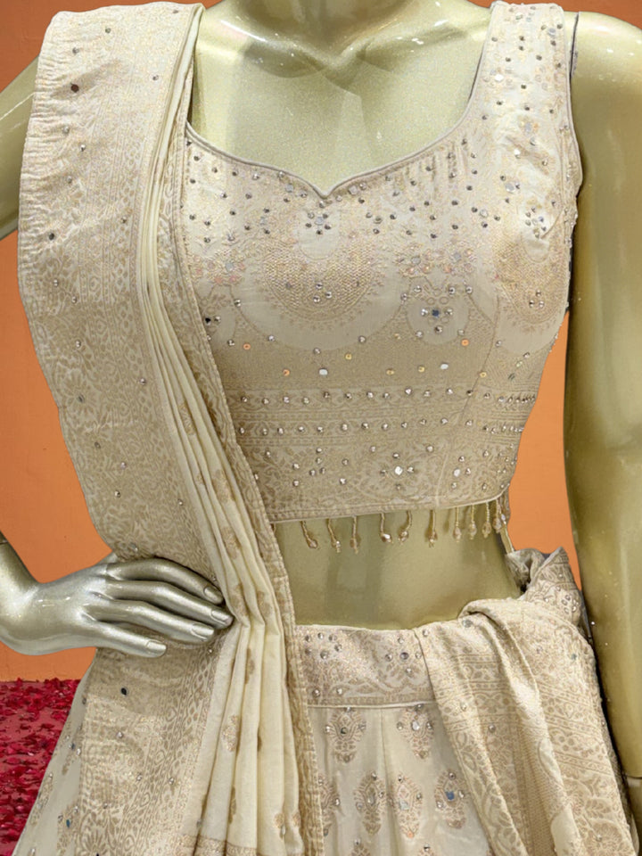 Ivory Tissue Lehenga Choli with Golden Zari Mughal Buti Print & Mirror Embellishments with Floral Buti Dupatta