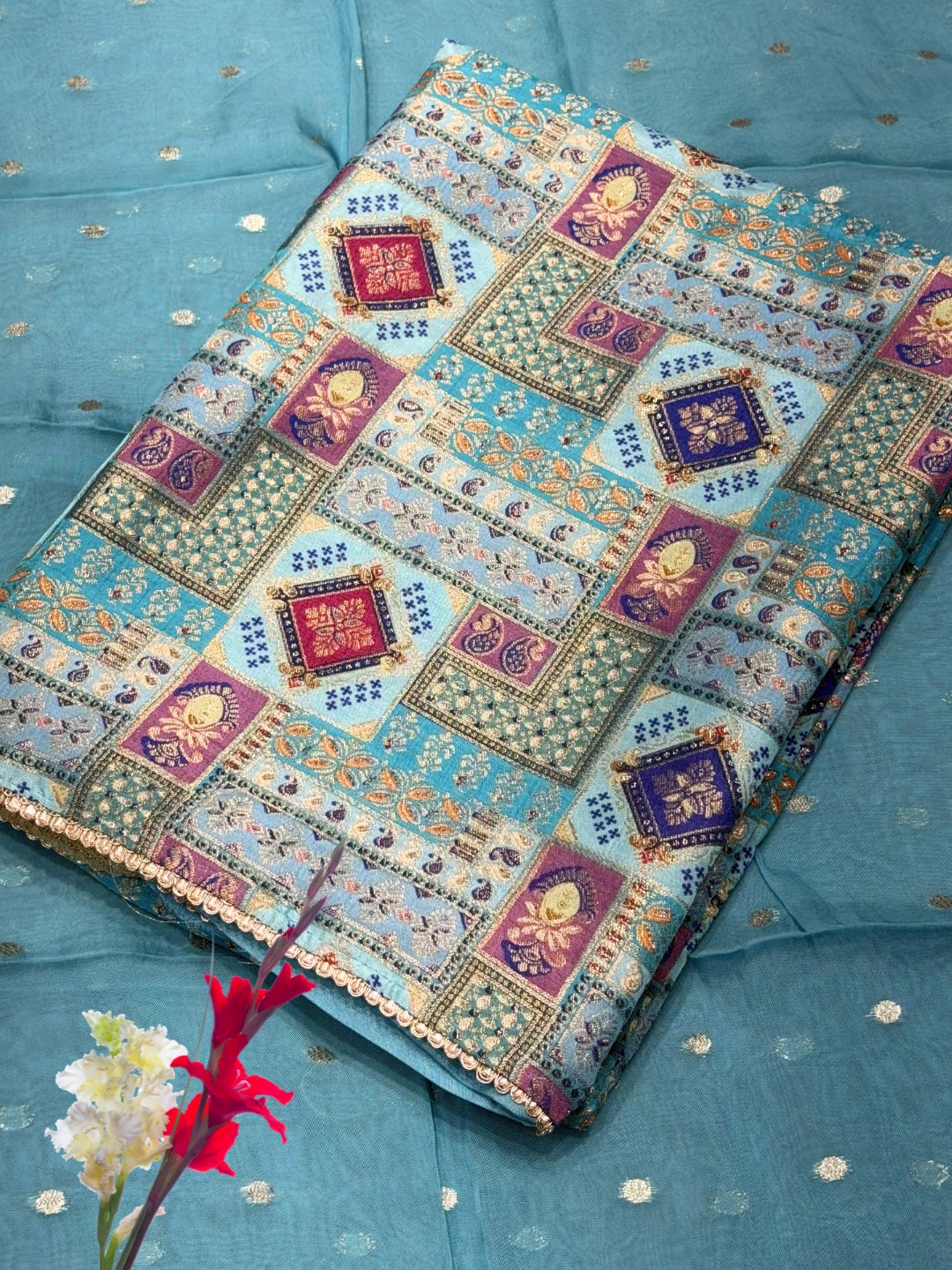 Zari Meenakari Weaving South Crepe Unstitched Suit with Organza Zari Handloom Dupatta