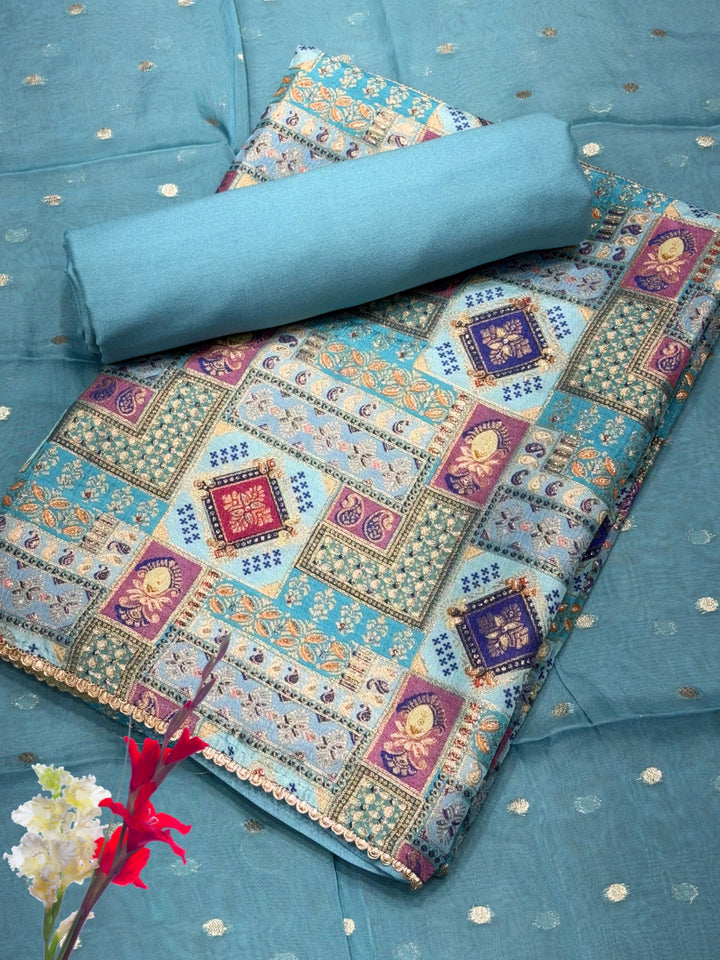 Zari Meenakari Weaving South Crepe Unstitched Suit with Organza Zari Handloom Dupatta
