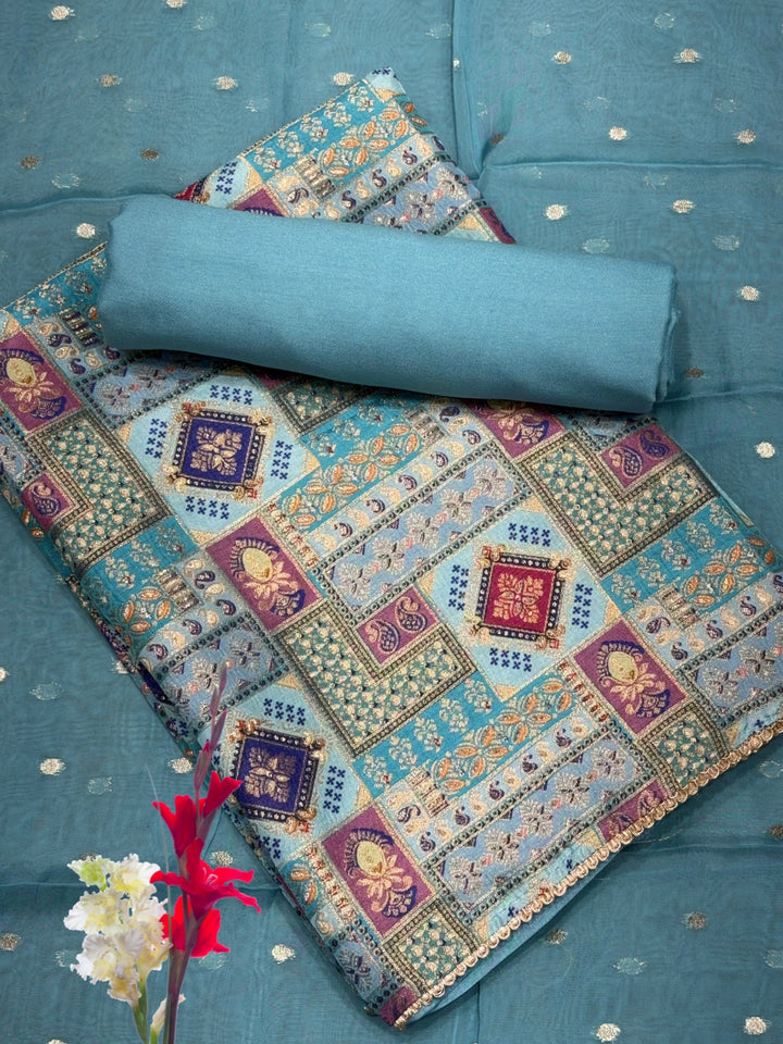 Zari Meenakari Weaving South Crepe Unstitched Suit with Organza Zari Handloom Dupatta