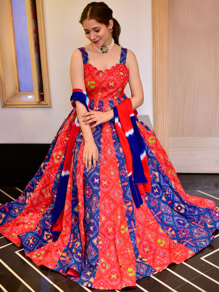 Coral Red Digital Print Kalidar Long Gown With Dyed Dupatta