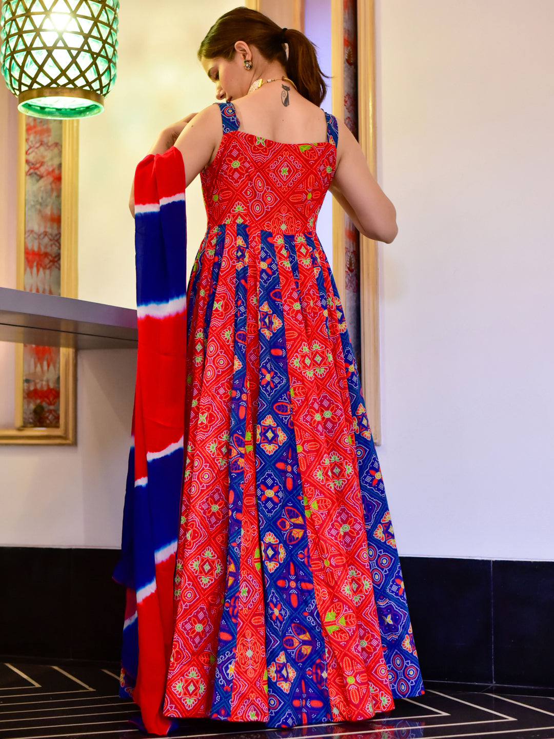 Coral Red Digital Print Kalidar Long Gown With Dyed Dupatta