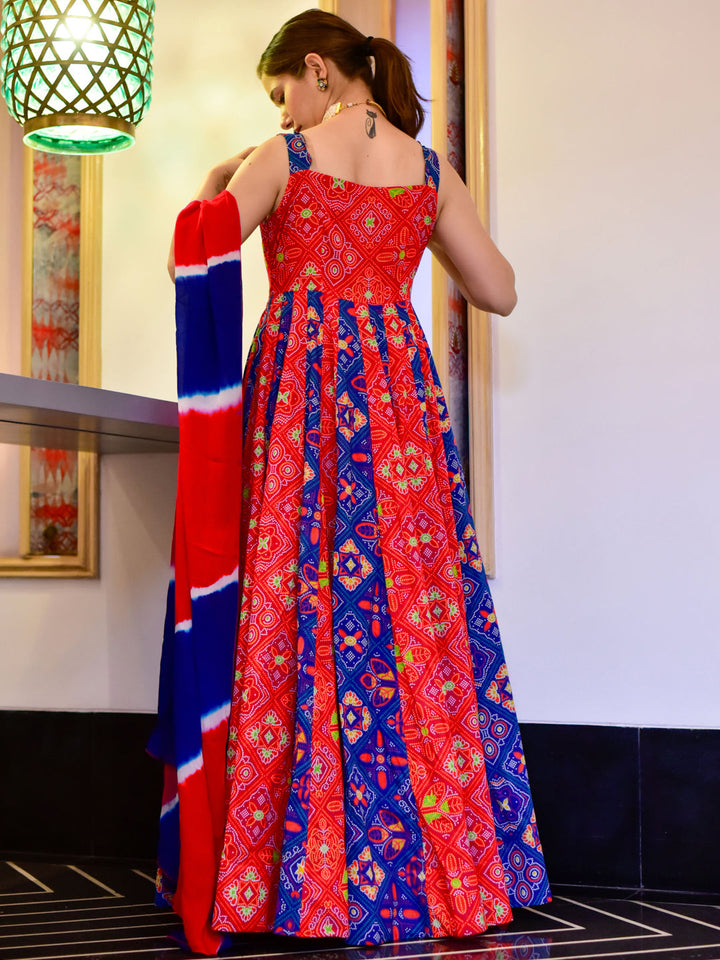 Coral Red Digital Print Kalidar Long Gown With Dyed Dupatta