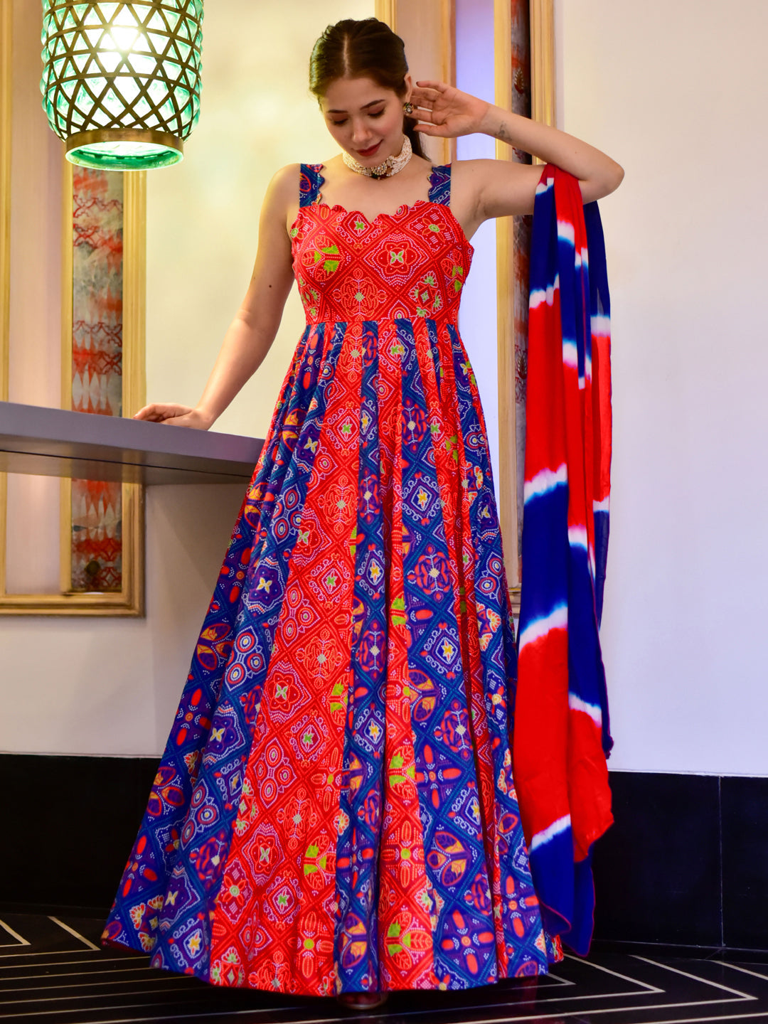 Coral Red Digital Print Kalidar Long Gown With Dyed Dupatta