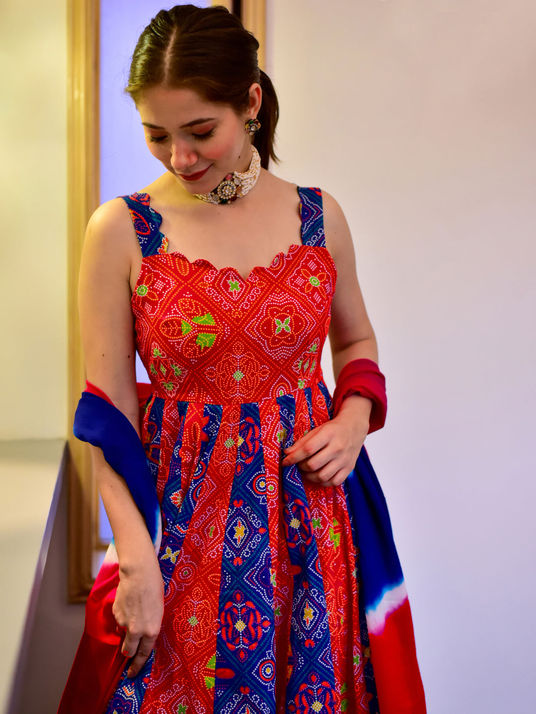 Coral Red Digital Print Kalidar Long Gown With Dyed Dupatta