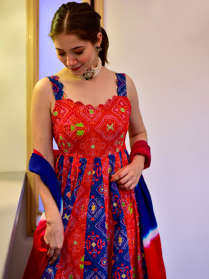 Coral Red Digital Print Kalidar Long Gown With Dyed Dupatta