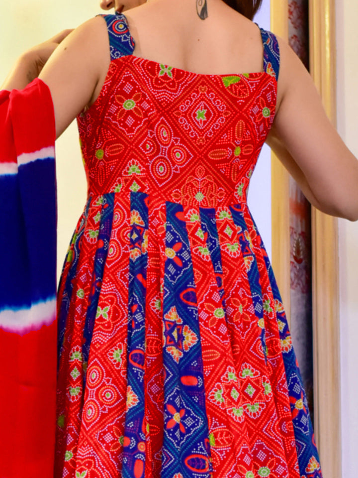 Coral Red Digital Print Kalidar Long Gown With Dyed Dupatta