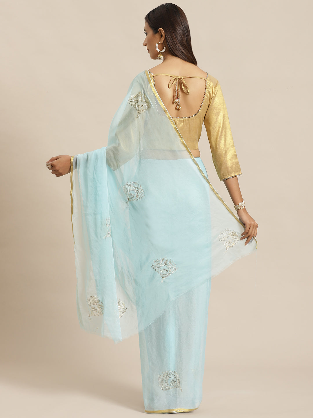 Chiffon Saree with Mukaish Embroidery In Peacock Pattern & Zari Border, Benarasi Blouse