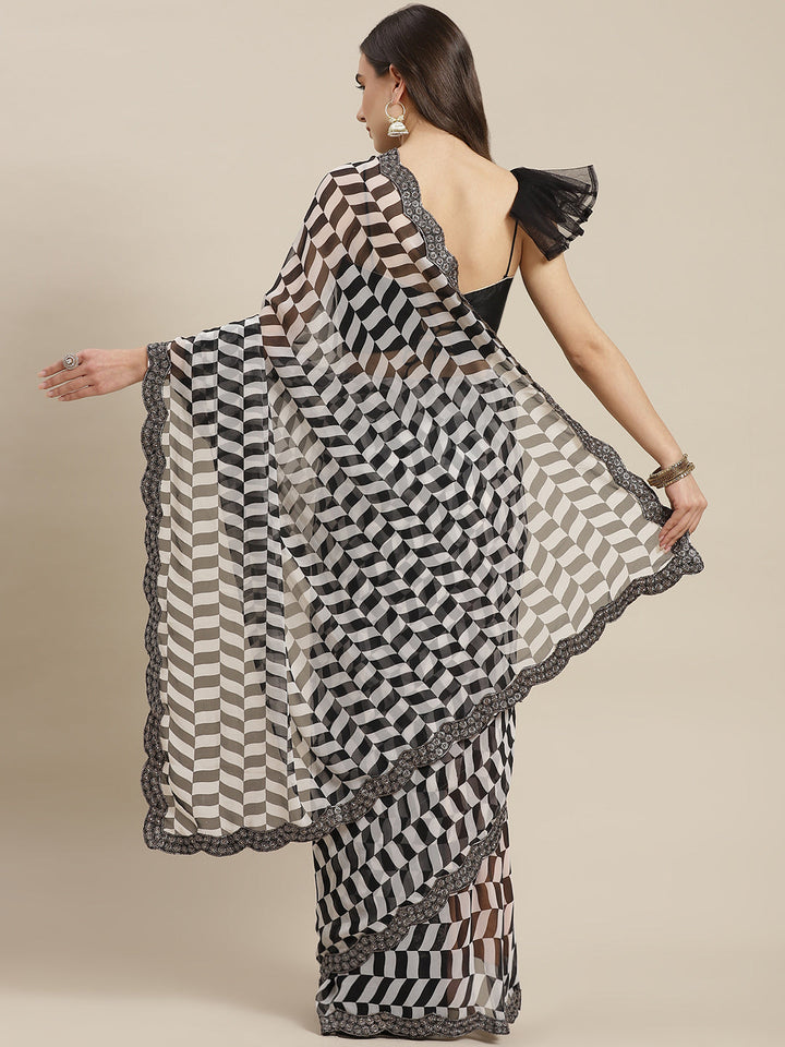 Black & White Printed Geometric Georgette Saree with Scalloped border