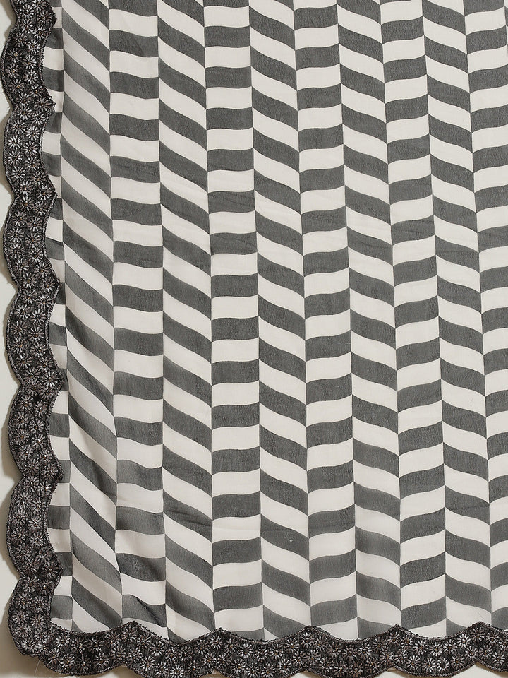 Black & White Printed Geometric Georgette Saree with Scalloped border