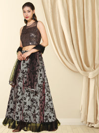 Grey Sequinned Crop-Top Lehenga Set with Sheer Net shoulders